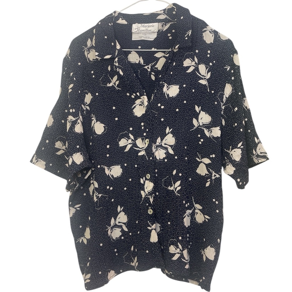 Vintage Marjorie Hamilton Navy Floral Blouse Size 16 Made in Canada